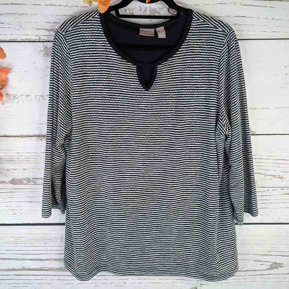 Chico's Tops - Chico's black and white striped top, 3/4 sleeves, cotton blend.